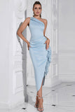 Light Blue Bodycon One Shoulder Tea Length Formal Dress