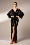 Sparkly Black Sheath V-Neck Long Sleeves Tulle Formal Dress with Sequins