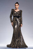 Sparkly Black Golden Long Sleeves Sheath Long Formal Dress with Sequin Embroidery