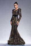 Sparkly Black Golden Long Sleeves Sheath Long Formal Dress with Sequin Embroidery