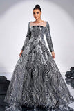 Black Silver Floral A-Line Illusion Neck Long Sleeves Formal Dress