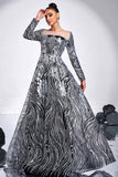 Black Silver Floral A-Line Illusion Neck Long Sleeves Formal Dress