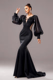 Black Mermaid Puff Long Sleeves V Neck Long Formal Dress with Appliques