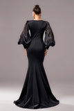 Black Mermaid Puff Long Sleeves V Neck Long Formal Dress with Appliques