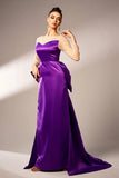 Dark Purple Mermaid Illusion Neck Long Sleeves Pearls Satin Formal Dress with Bow