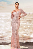 Sparkly Pink Mermaid Square Neck Sequins Long Formal Dress with Long Sleeves