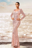 Sparkly Pink Mermaid Square Neck Sequins Long Formal Dress with Long Sleeves