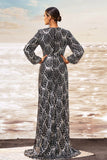 Black Silver Sheath V Neck Long Sleeves Long Formal Dress with Slit