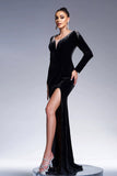 Black Mermaid V Neck Long Sleeves Tassels Velvet Long Formal Dress with Slit