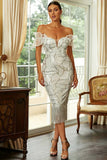 White Bodycon Ruffled Off the Shoulder Sequined Tea Length Formal Dress with Tassels