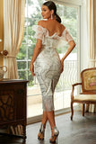 White Bodycon Ruffled Off the Shoulder Sequined Tea Length Formal Dress with Tassels