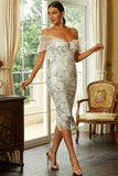 White Bodycon Ruffled Off the Shoulder Sequined Tea Length Formal Dress with Tassels