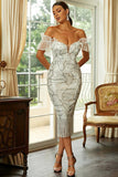 White Bodycon Ruffled Off the Shoulder Sequined Tea Length Formal Dress with Tassels