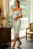 White Bodycon Ruffled Off the Shoulder Sequined Tea Length Formal Dress with Tassels