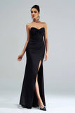 Black Mermaid Strapless Sequined Ruched Corset Long Formal Dress with Slit