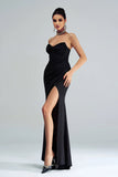 Black Mermaid Strapless Sequined Ruched Corset Long Formal Dress with Slit