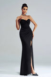 Black Mermaid Strapless Sequined Ruched Corset Long Formal Dress with Slit