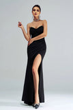 Black Mermaid Strapless Sequined Ruched Corset Long Formal Dress with Slit