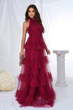 Burgundy A Line Tulle Halter Tiered Long Wedding Guest Dress