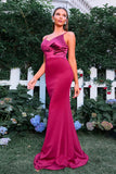 Burgundy Mermaid Spaghetti Straps Ruched Long Formal Dress