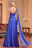 Royal Blue One Shoulder with Streamer A Line Ruched Long Bridesmaid Dress