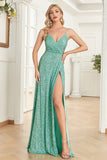 A Line Spaghetti Straps Sequin Mint Long Bridesmaid Dress with Slit