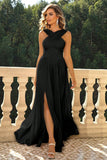 Black Criss Cross Straps A Line Long Bridesmaid Dress with Slit