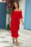 Red Off The Shoulder Tiered Pleated A Line Bridesmaid Dress