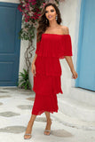 Red Off The Shoulder Tiered Pleated A Line Bridesmaid Dress