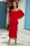 Red Off The Shoulder Tiered Pleated A Line Bridesmaid Dress