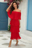 Red Off The Shoulder Tiered Pleated A Line Bridesmaid Dress