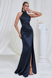 Mermaid Ruched Halter Pine Satin Bridesmaid Dress with Slit