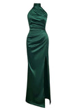 Mermaid Ruched Halter Pine Satin Bridesmaid Dress with Slit