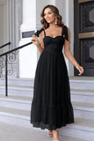 A Line Pleated Bow Spaghetti Straps Black Long Bridesmaid Dress