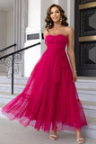 Pine Strapless Tulle Long A Line Ruffles Bridesmaid Dress