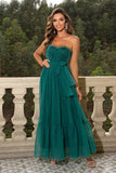 Pine Strapless Tulle Long A Line Ruffles Bridesmaid Dress