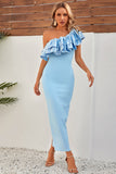 Sky Blue One Shoulder Ruffles Mermaid Long Bridesmaid Dress