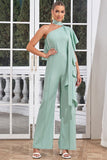 Mint One Shoulder Long Pleated Jumpsuits