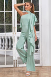 Mint One Shoulder Long Pleated Jumpsuits