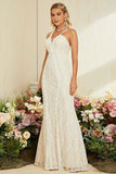 Ivory Apricot Spaghetti Straps Mermaid Lace Long Wedding Dress