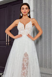 A Line Ivory Spaghetti StrapsAppliqued Long Wedding Dress