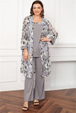 Silver Round Neck Chiffon Long Sleeves 3 Pieces Mother of the Bride Pant Suits