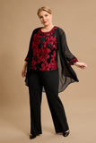 Black Red Flower Round Neck Long Sleeves 3 Pieces Mother of the Bride Pant Suits