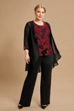 Black Red Flower Round Neck Long Sleeves 3 Pieces Mother of the Bride Pant Suits