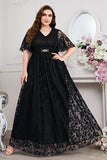 Navy A-Line Lace V-Neck Short Sleeves Long Mother of the Bride Dress