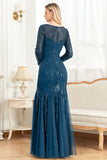 Sparkly Ink Blue Appliques Beads Long Sleeves Round Neck Mother Of The Bride Dress