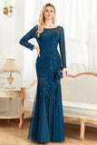 Sparkly Ink Blue Appliques Beads Long Sleeves Round Neck Mother Of The Bride Dress