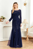 Sparkly Ink Blue Appliques Beads Long Sleeves Round Neck Mother Of The Bride Dress