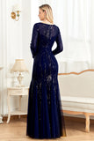 Sparkly Ink Blue Appliques Beads Long Sleeves Round Neck Mother Of The Bride Dress