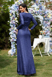 Glitter Royal Blue Beads V Neck Long Sleeves Pleated Sheath Mother of the Bride Dress